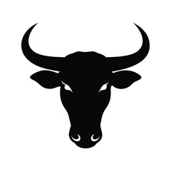 Dramatic black silhouette of a bull head with horns on white background, bull head close up silhouette vector illustration