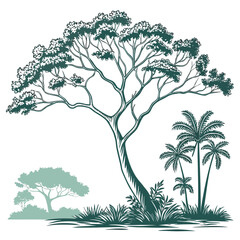 Stylized silhouette of diverse trees and foliage in teal and green tones tree, silhouette, nature, foliage, plant, botanical, illustration, drawing, sketch, outline, vector, graphic, design, art, trop