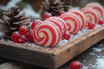 Red and white candies on wooden tray.