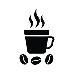 Hot coffee in a cup with steam and three coffee beans below, coffee cups and beans icon silhouette vector illustration