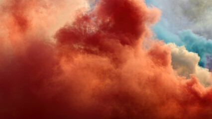 Abstract texture of colored smoke, torch emitting red, white and blue trails for celebration effect.
