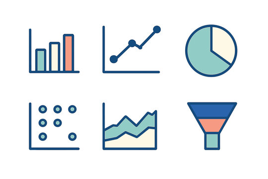 Comprehensive collection of data visualization charts and analysis icons for business, finance, and marketing presentations