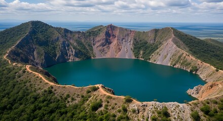 Volcanic Crater Lake Landscape.