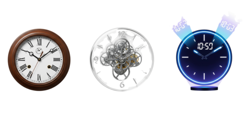 Trio of Timepieces Classic Glass and Neon Futuristic Clocks White Background.png