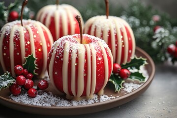 Plate of white chocolate-covered apples with candy topping.