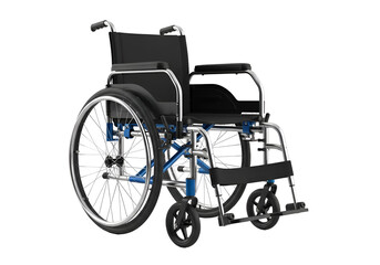 Fototapeta premium Modern, lightweight wheelchair with sleek chrome accents and vibrant blue accents showcased against a pure black backdrop.