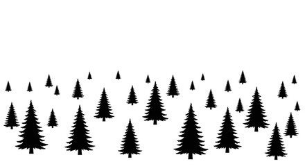 Fototapeta premium Silhouette view of numerous evergreen trees, creating a forest-like pattern against white background.