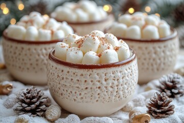 Bowl of hot chocolate puddings topped with marshmallows.