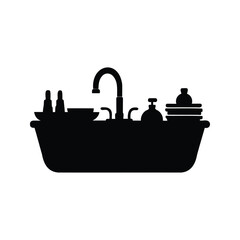 Black and White Silhouette Illustration of a Full Kitchen Sink with Faucet, kitchen sink with dishes silhouette vector illustration