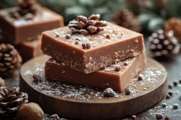 Stack of chocolate fudges adorned with nuts and cinnamon.