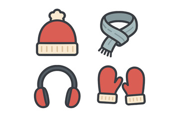 Collection of winter accessories including a warm knit hat, cozy scarf, protective earmuffs, and comfortable mittens