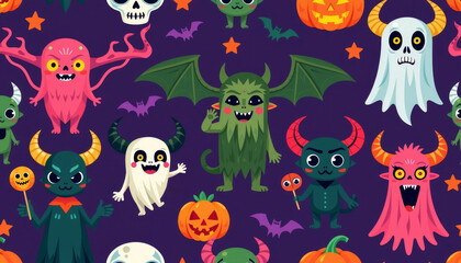 Spooky halloween creatures pattern digital art festive atmosphere colorful background whimsical view fun concept
