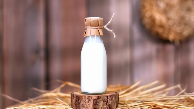 Fresh Milk Bottle on Wooden Stump with Hay Background.