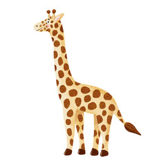 Cute giraffe watercolor kids drawing illustration isolated on white. African safari animal for children nursery design. Simple and lovely clip art in childish style for baby room decor