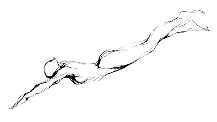Hand drawn lineart of a swimmer diving into water on transparent background
