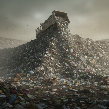 Cami&oacute;n descargando basura en un vertedero masivo, sensaci&oacute;n de exceso