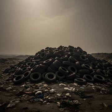 Monta&ntilde;a de neum&aacute;ticos usados en un basural a cielo abierto, colores oscuros