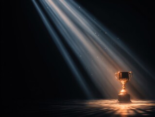 A shining trophy illuminated by beams of light in a dark setting, symbolizing achievement and victory.