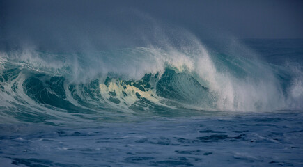 Ocean scenery with copyspace. Huge waves crashing in ocean. Seascape environment background. Water texture with foam and splashes. Hawaiian surfing at Northshore in Oahy island