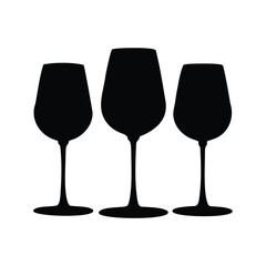 Three elegant black wine glasses isolated on a white background silhouette, wine glasses silhouette vector illustration