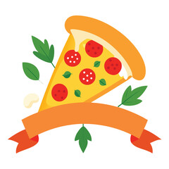 A slice of pepperoni pizza with basil and a banner with text