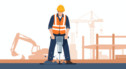 Construction worker operating a jackhammer on a site with heavy machinery and building structures in the background, illustrating hard labor and urban development
