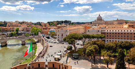 Panoramic view of the center Rome with St Peter's Basilica in Vatican City, Italy. Skyline of Rome and Vatican. Rome architecture and landmark, cityscape.