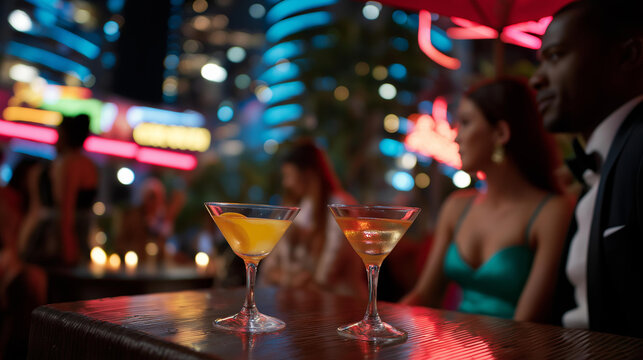 Nightlife Neon Glow: A low angle shot of partygoers under neon signs with cocktail glasses phones and vibrant city lights towering above. three quarter wide angle cinematic col