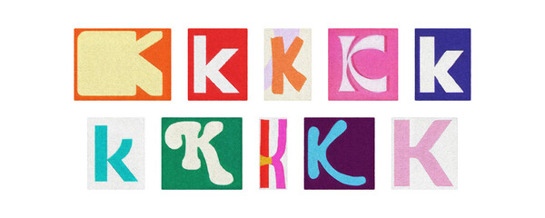 Colorful letter K collage from magazine clippings, isolated transparent PNG
