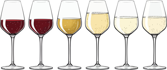 Colorful Wine Glass Vector Set – Red Wine, White Wine, Cocktail, and Party Drink Illustration