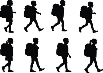 Collection of male and female students with backpacks, walking and standing in various poses, for education and youth concepts.