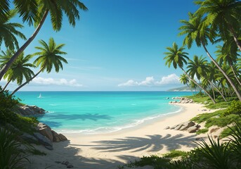 Obraz premium A serene tropical beach cove with turquoise water, white sand, and lush palm trees under a clear blue sky.