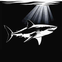 Dramatic Black and White Great White Shark Illustration with Deep Sea Light Rays