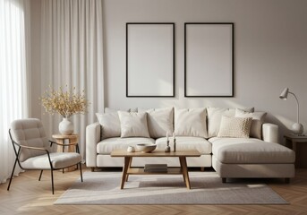 Serene Japandi Living Room with Cozy Sectional and Dual Vertical Frame Mockup
