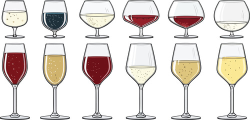 Colorful Wine Glass Vector Set – Red Wine, White Wine, Cocktail, and Party Drink Illustration