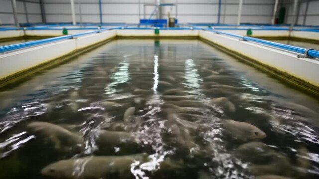 Indoor fish farming pool teeming
