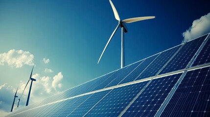 An advanced energy storage system with wind turbines and solar panels in the background, symbolizing sustainable power grid technology for renewable energy flow rendering.