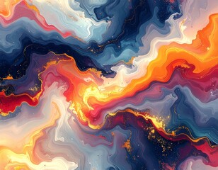 An artistic swirl of colors featuring hues of orange, blue, and gold. The abstract artwork creates a dynamic and visually stunning effect.
