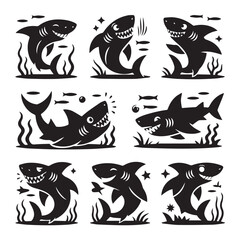 Cute Cartoon Shark Silhouette Set