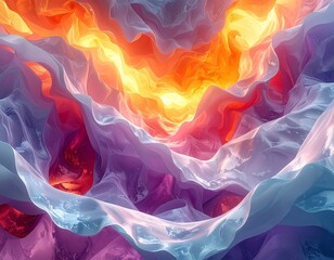 Abstract colorful artistic background, like a fluid paint flow and wave, blending warm fiery colors with cool, serene tones. Its vibrant and dynamic shapes evoke a sense of movement and energy