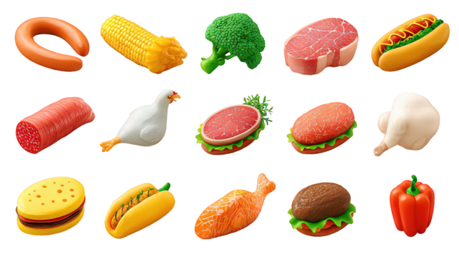 Assorted Food Icons Set: Realistic 3D Render of Various Dishes