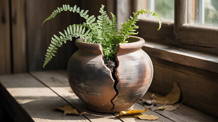 Cracked clay pot with fern growing inside on a wooden windowsill indoors