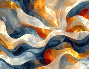 Abstract artwork features a collection of flowing, wave-like shapes in vibrant colors and smooth gradients. The design creates a sense of movement and energy