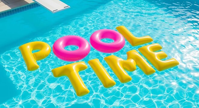 Inflatable letters spelling pool time float in a bright blue swimming pool