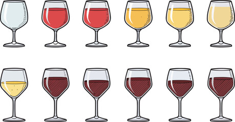 Colorful Wine Glass Vector Set – Red Wine, White Wine, Cocktail, and Party Drink Illustration