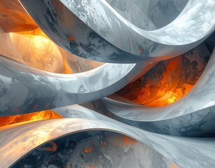 Abstract sculptural forms with swirling shapes and metallic texture and fiery glow background, The design blends organic and geometric elements, suggesting movement and energy