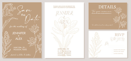 Elegant flat vector wedding invitation set with Save the Date, RSVP, and Details cards. Minimalist botanical design with trendy golden wildflower line art on neutral background