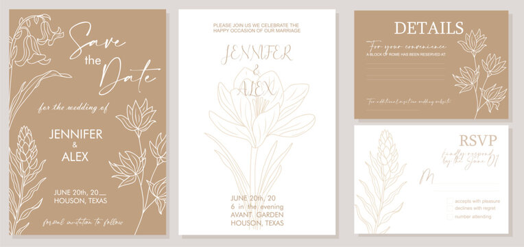 Elegant flat vector wedding invitation set with Save the Date, RSVP, and Details cards. Minimalist botanical design with trendy golden wildflower line art on neutral background