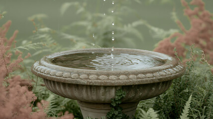 Water drops falling into a stone bird bath in a lush green garden
