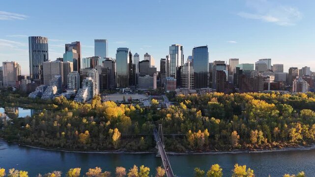 Aerial view of Calgary's skyline from Crescent Heights in autumn. 